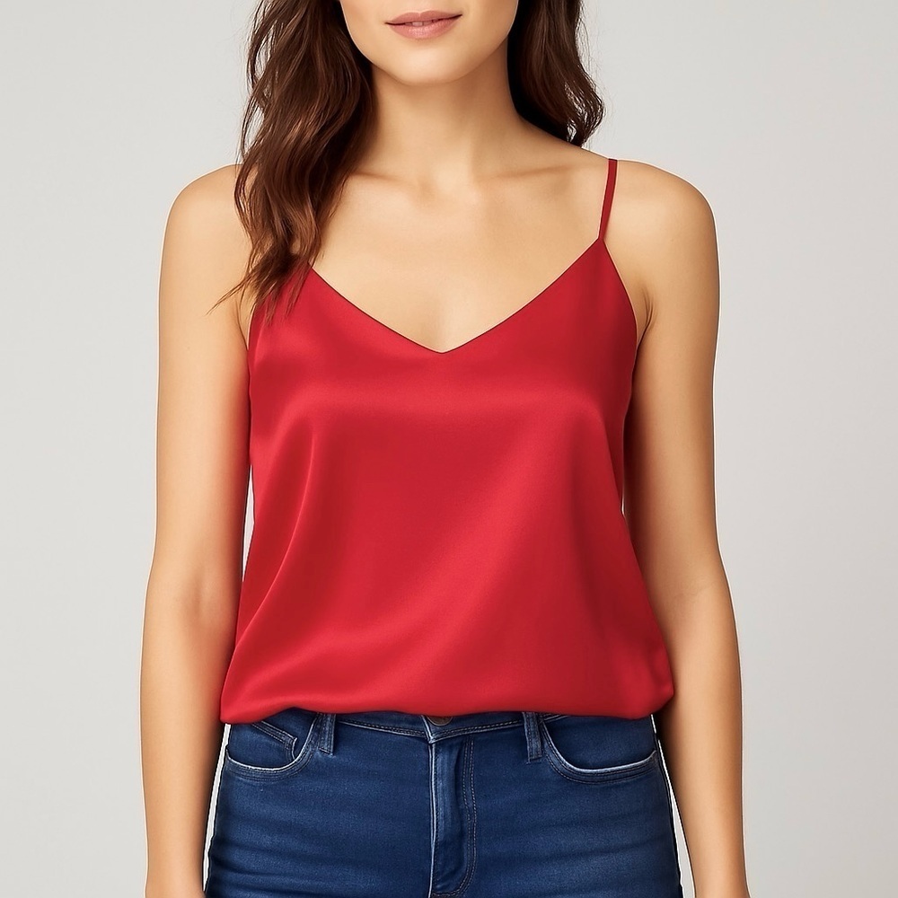 Miqieer V-Neck Silky Loose Camisole Blouse Shirt Top Red Satin Size S
